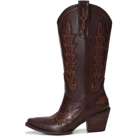 🆕Women Chestnut Brown Faux Leather Wood Embroidered Chunky Heel Cowgirl Boots - Picture 4 of 8